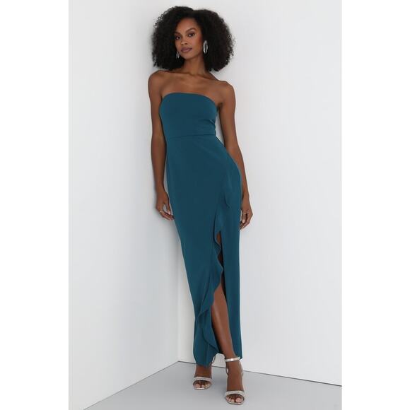 NWT Lulus After Hours Teal Strapless Ruffled Maxi Dress Wedding Bridesmaid Sz XL - Picture 1 of 6
